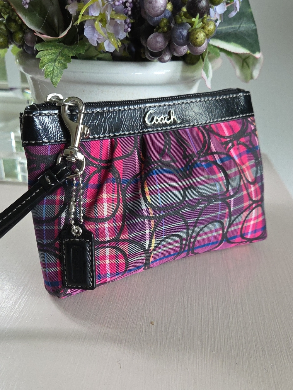 COACH Pink POPPY Plaid Signature Wristlet with Black Trim